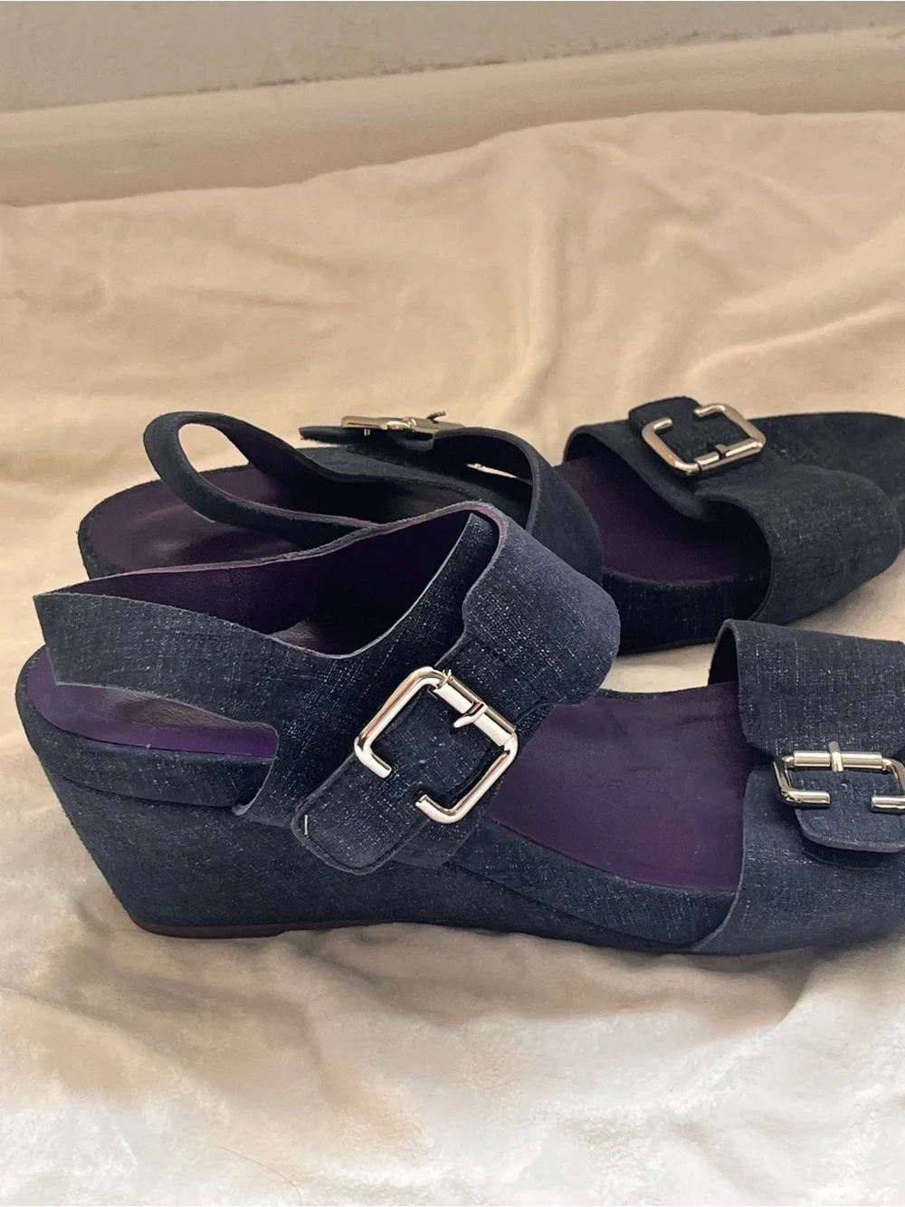 Vaneli Navy Denim Buckle Slingback Sandals